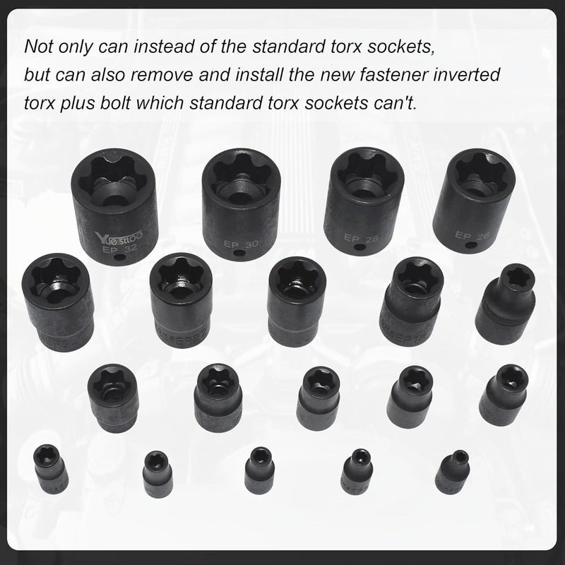 Yuesstloo Torx Plus Socket Set, External Torx Plus 6 Point EP Socket EP4 - EP32 19Pcs With 1/2'' 3/8'' 1/4'' Dr, Replacement for E-TORX Socket Set, Works with Most Cars and Tesla - Image 4